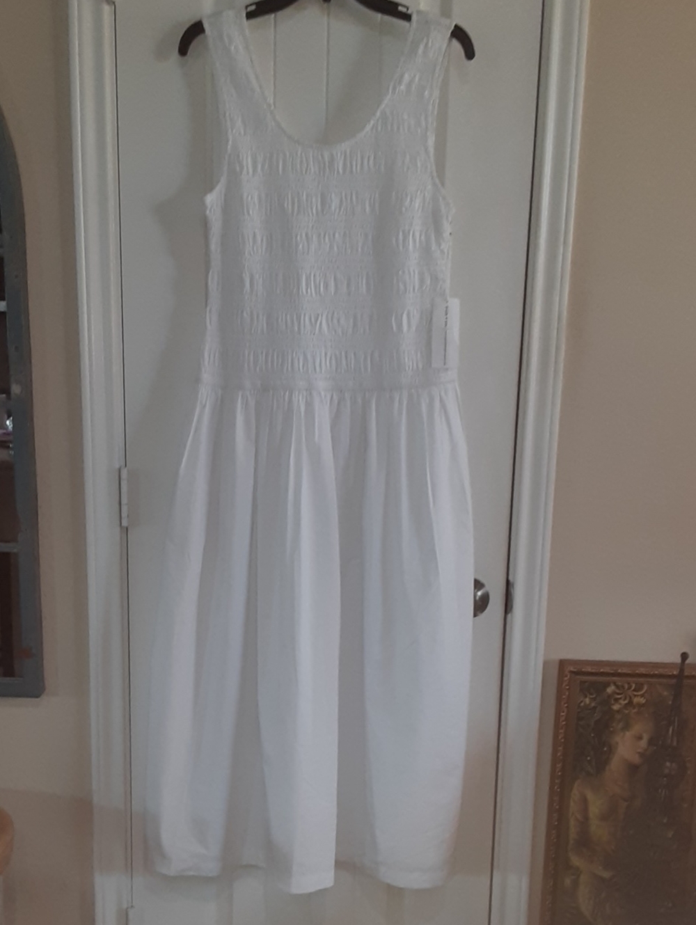 TRULY 4 YOU White Smocked Tank Midi Dress Dual Pockets L NWT